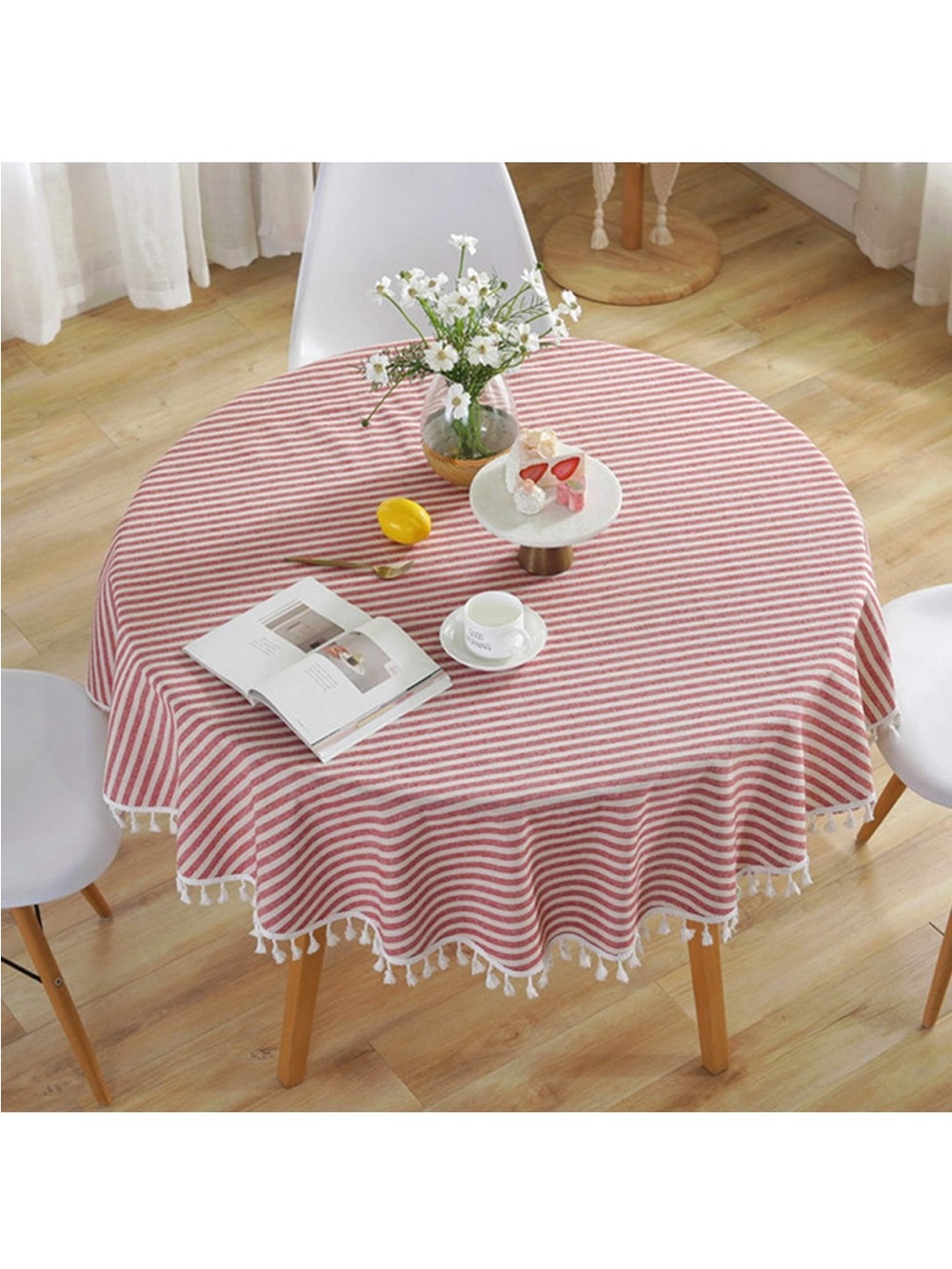 NEW meioro Round Tablecloth Stripe Tassel TableCloth. Cotton Blend w/ tassels